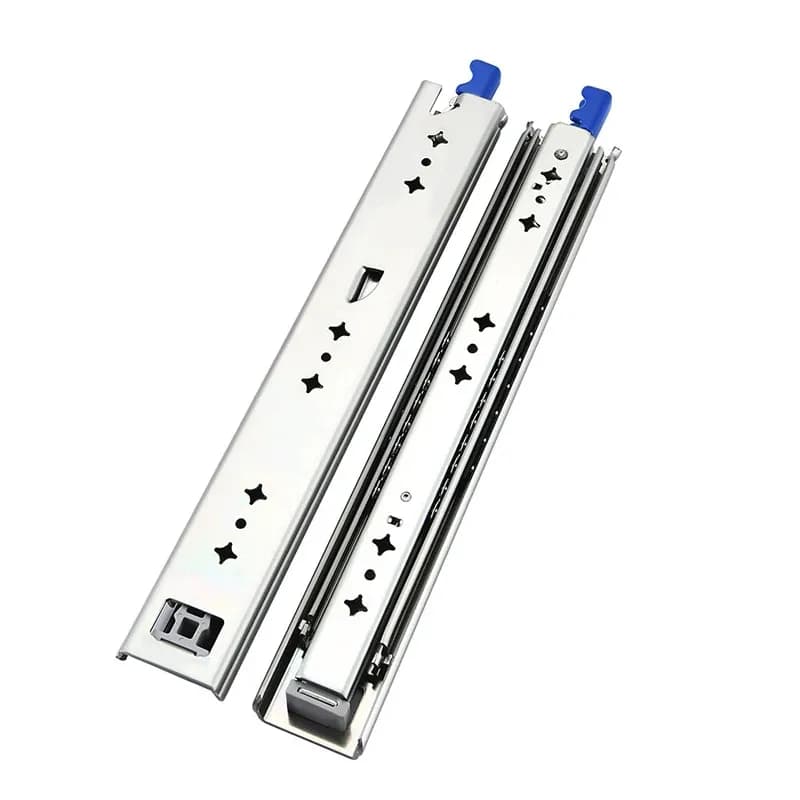 Two metal drawer slides with blue release levers on a white background