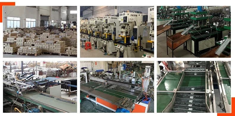 Six photographs showing WANYILONG workshop equipment, production lines and stored goods